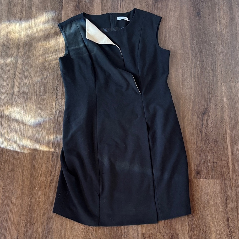 💕Calvin Klein Elegant Black Sleeveless Sheath Dress Asymmetric Collar Office